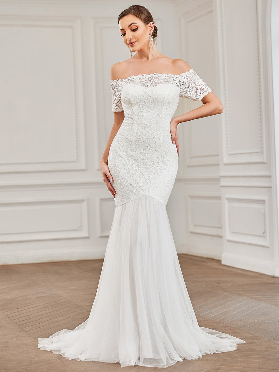 Stunning Off-Shoulder Fishtail Wedding Gown with Half Sleeves