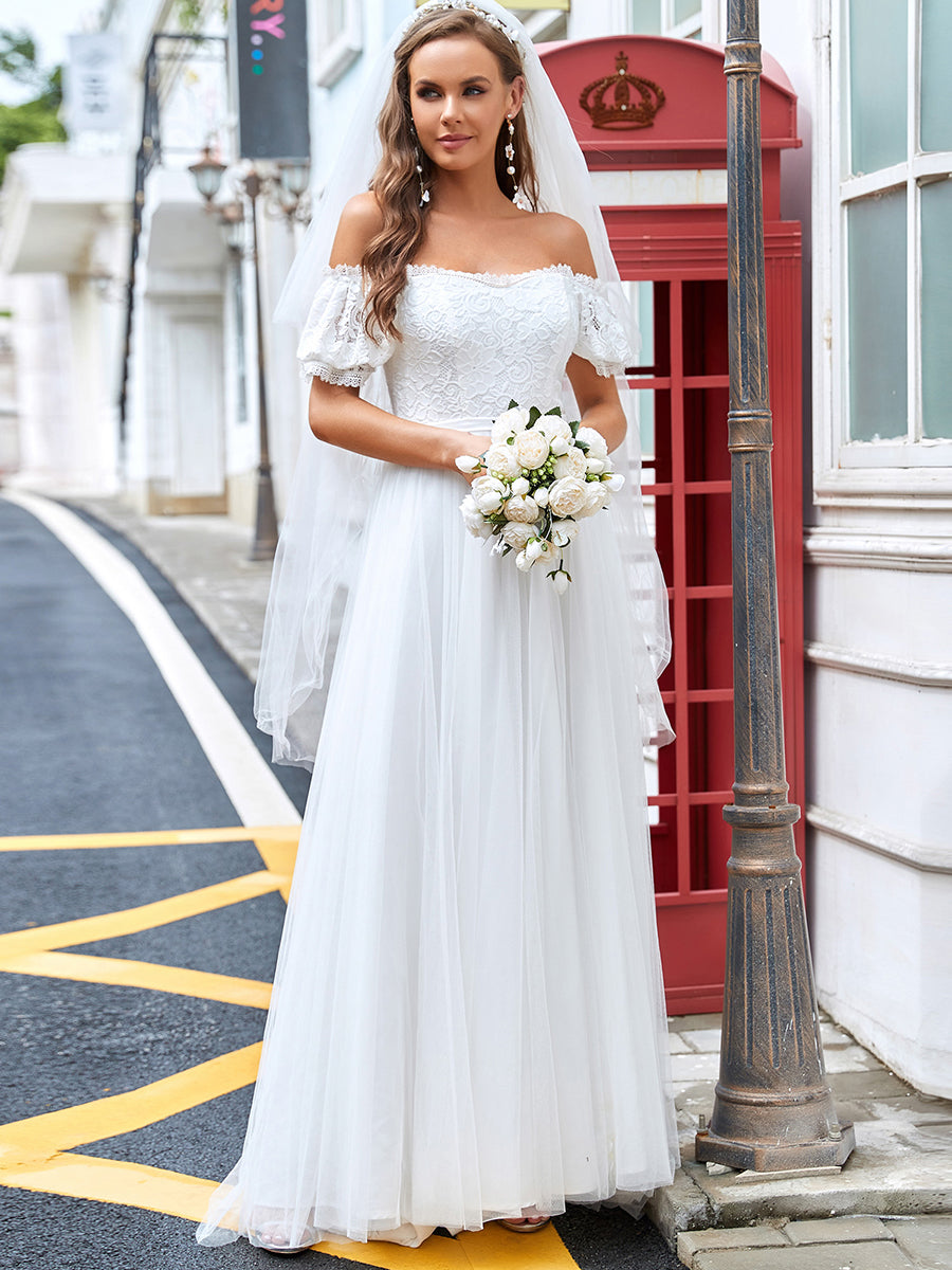 Glamorous Lace Bodice Off Shoulder Wedding Gown