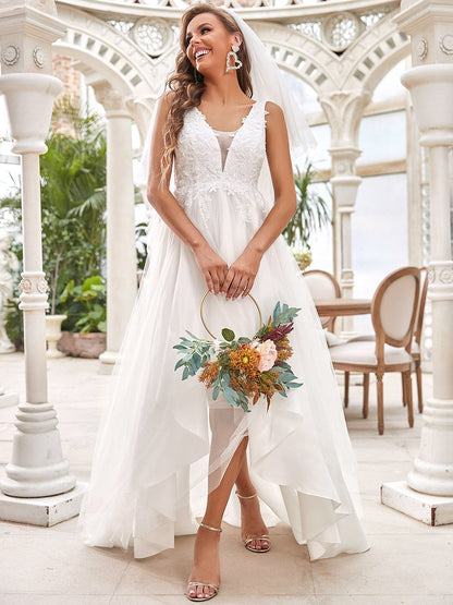 Deep V Neck Sleeveless Asymmetrical Hem Wholesale Wedding Dresses