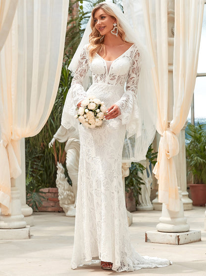 Princess V-neck Fishtail Wedding Gown with Bat-Wing Sleeves