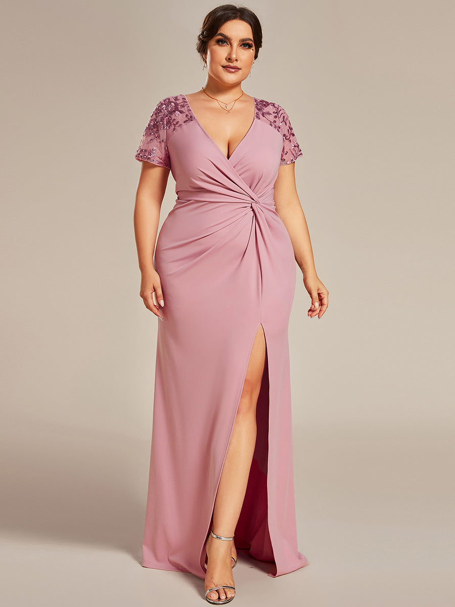 Plus Deep-V Side Split Appliques Ruched Belt Wholesale Evening Dress