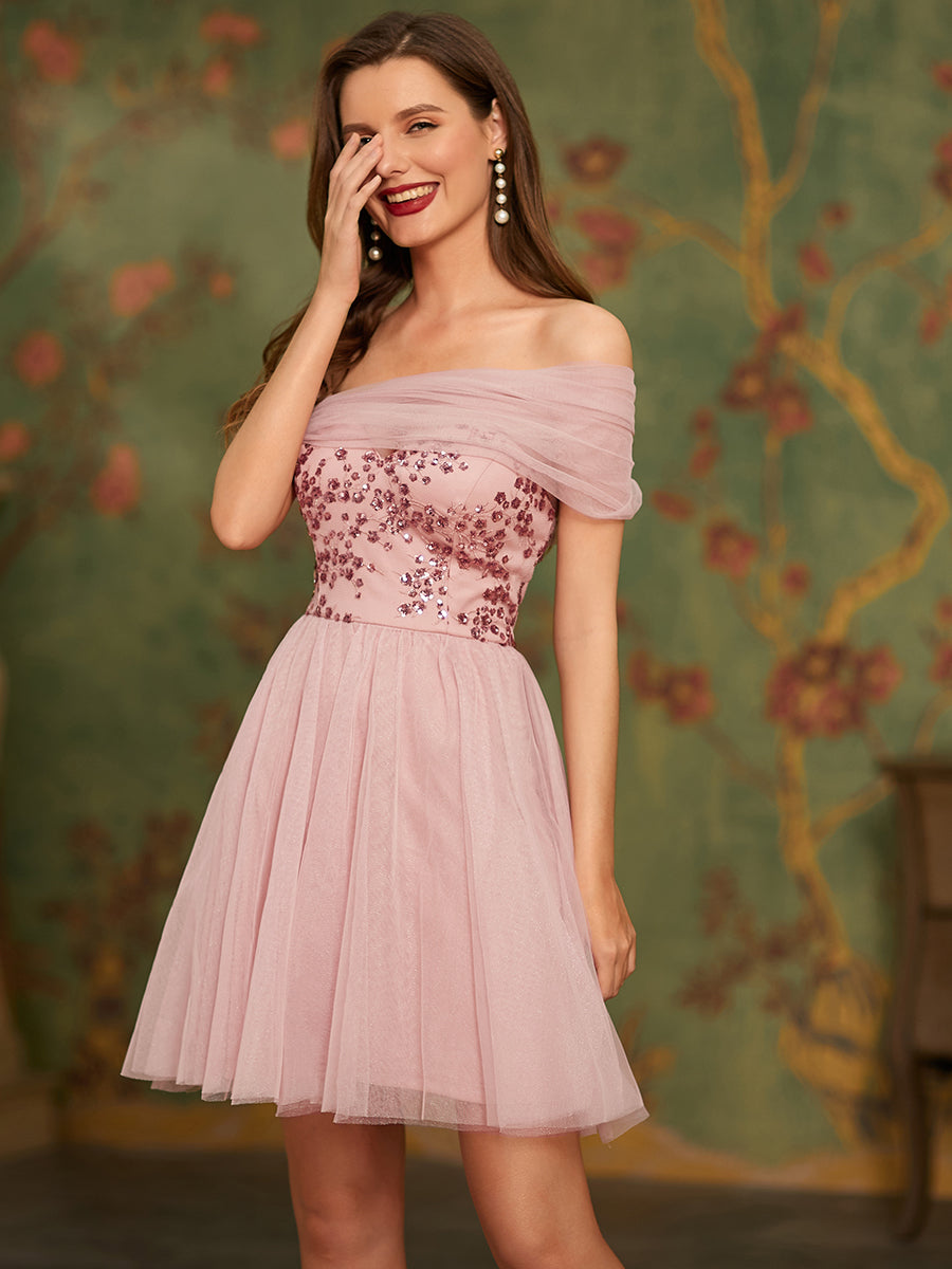 Wholesale Off Shoulder Short Tulle & Sequin Prom Dress