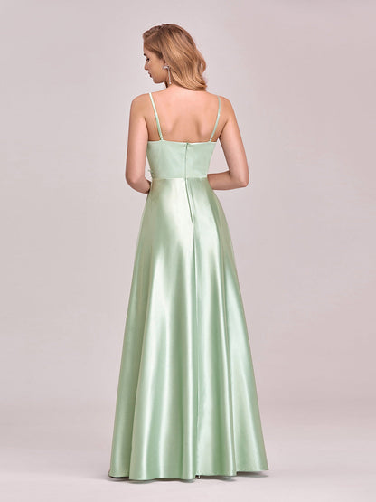 Stunning Deep V Neck A-Line Satin Wholesale Prom Dresses