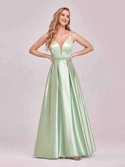 Stunning Deep V Neck A-Line Satin Wholesale Prom Dresses