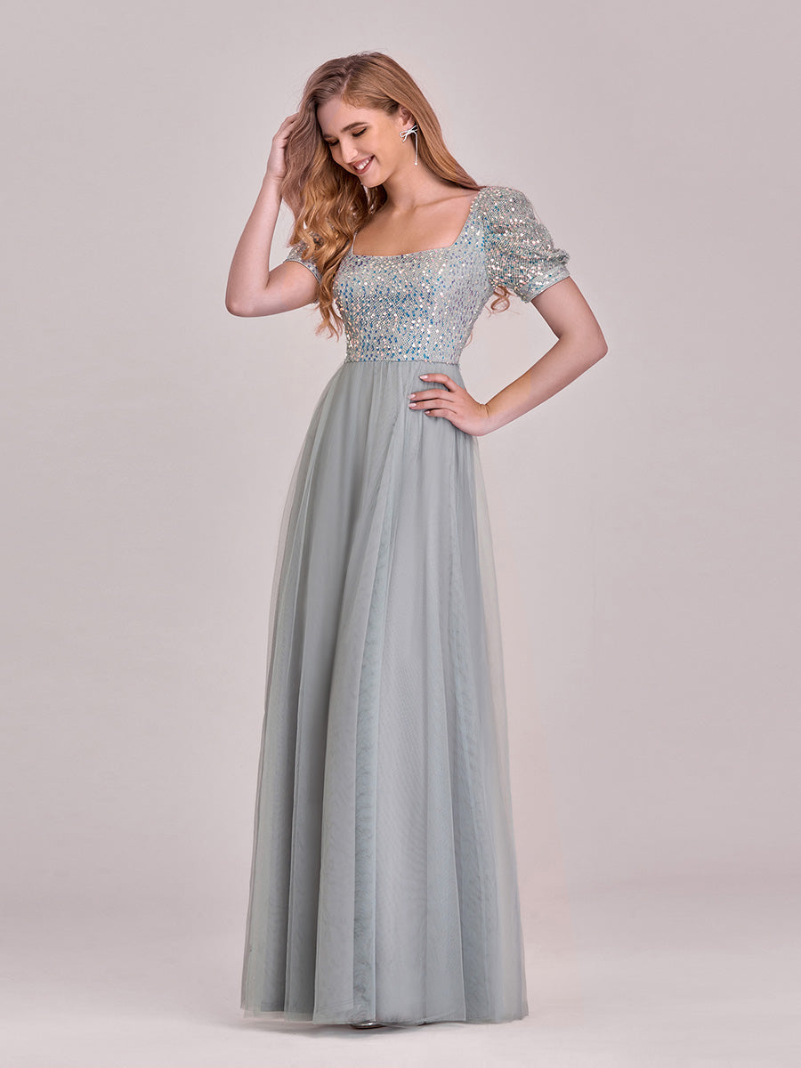 Enchanting Square Neck A-Line Sparkle & Tulle Prom Gowns