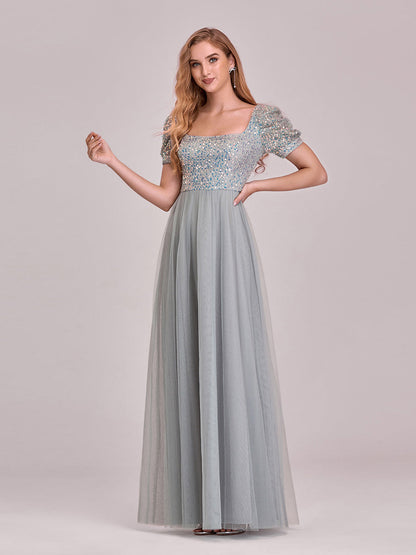 Enchanting Square Neck A-Line Sparkle & Tulle Prom Gowns