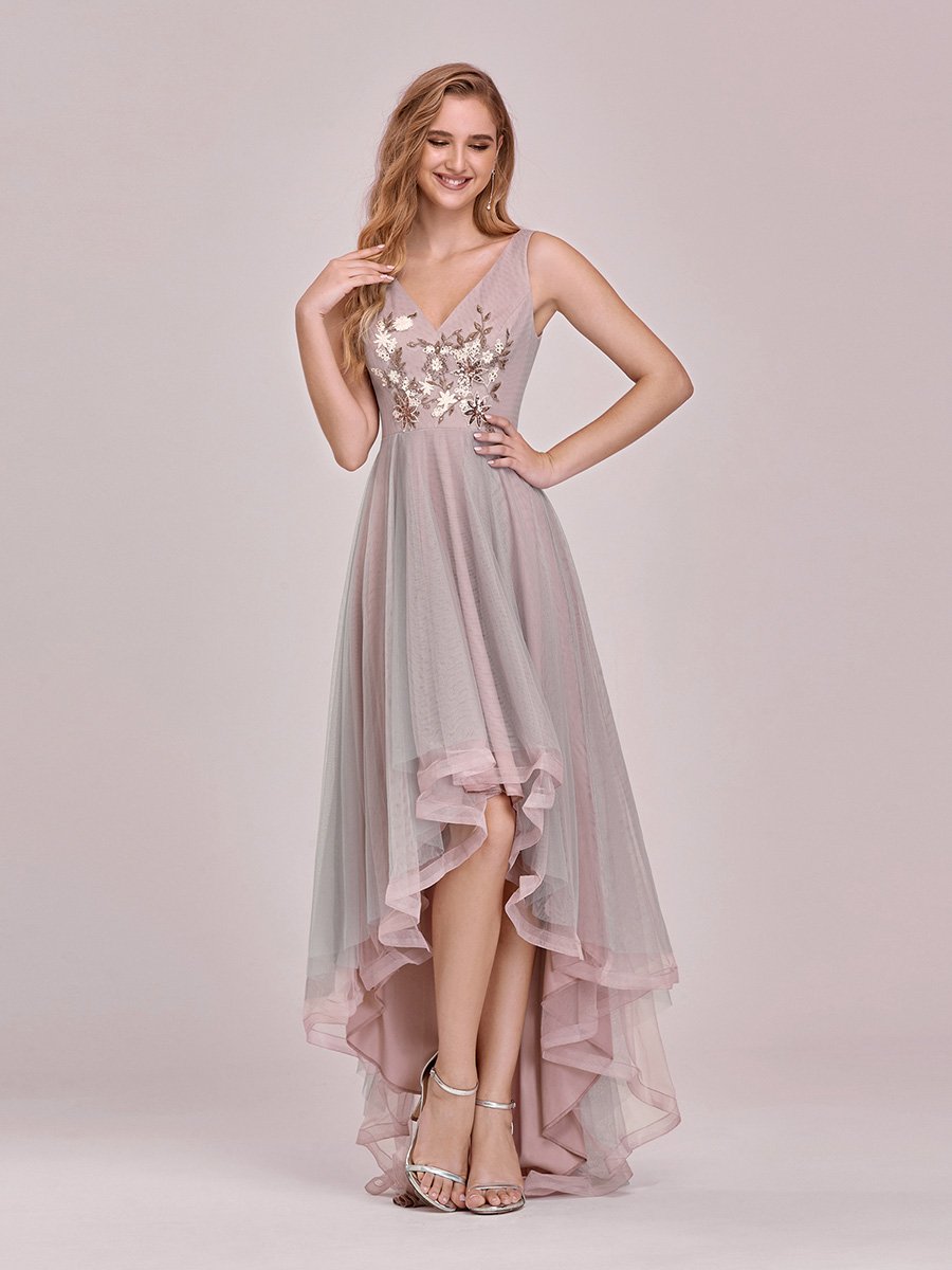 High Low V Neck Wholesale Tulle Prom Evening Dress With Appliques