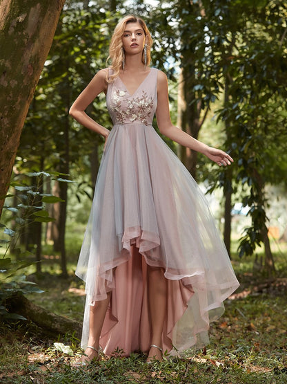 High Low V Neck Wholesale Tulle Prom Evening Dress With Appliques