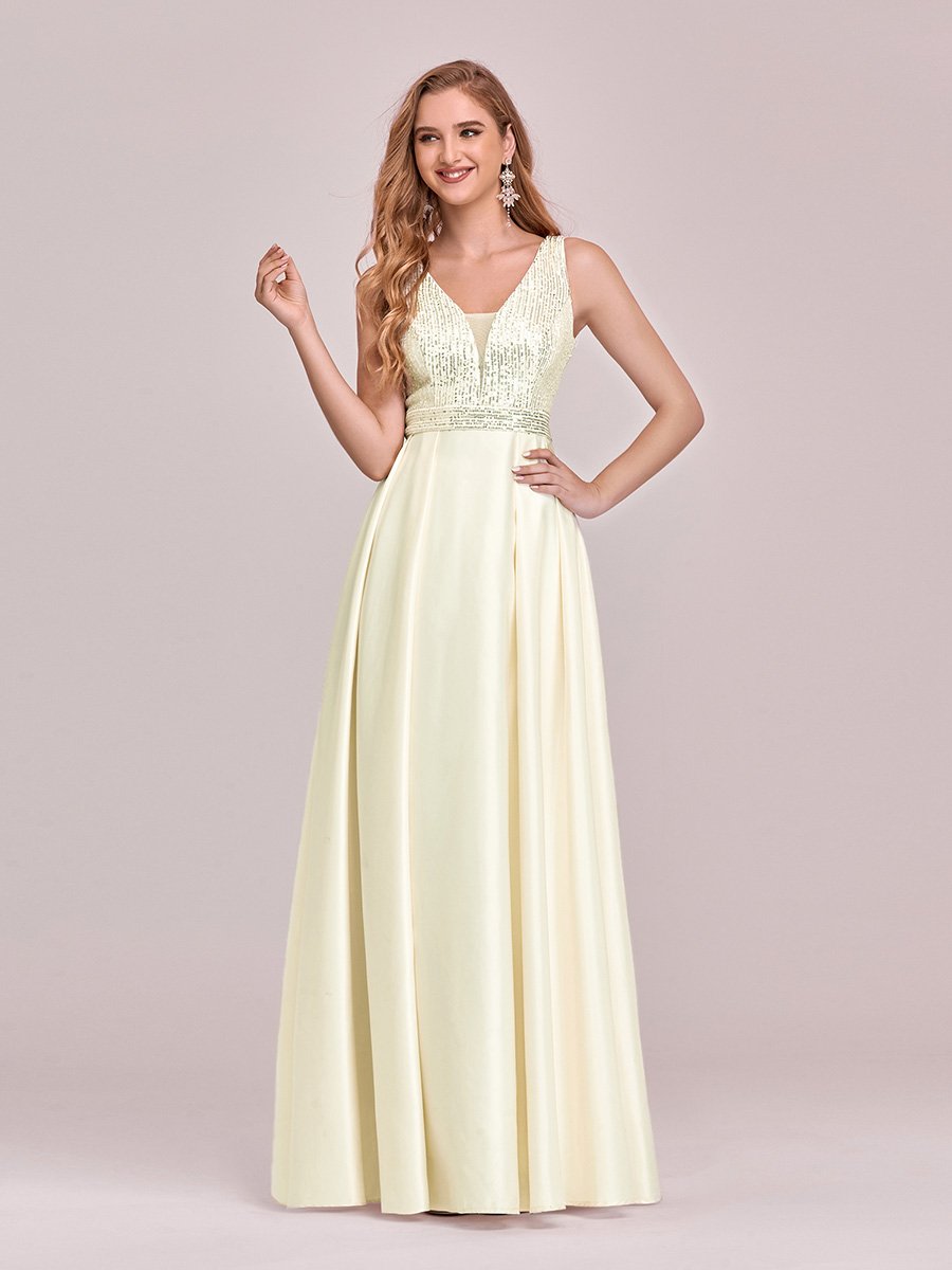 Sweet Double V Neck A-Line Wholesale Satin Prom Dress with Sequin
