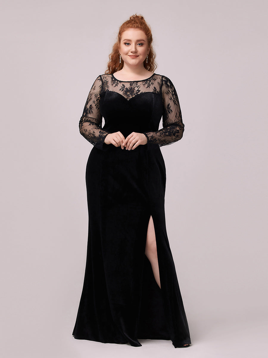 Trendy Plus Size Side Split Wholesale Velvet& Lace Evening Dress