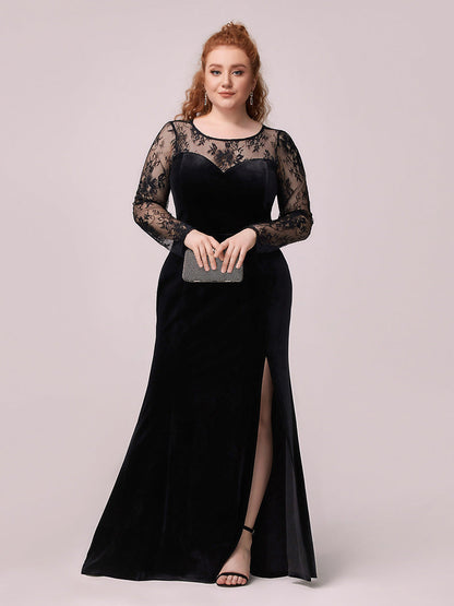 Trendy Plus Size Side Split Wholesale Velvet& Lace Evening Dress