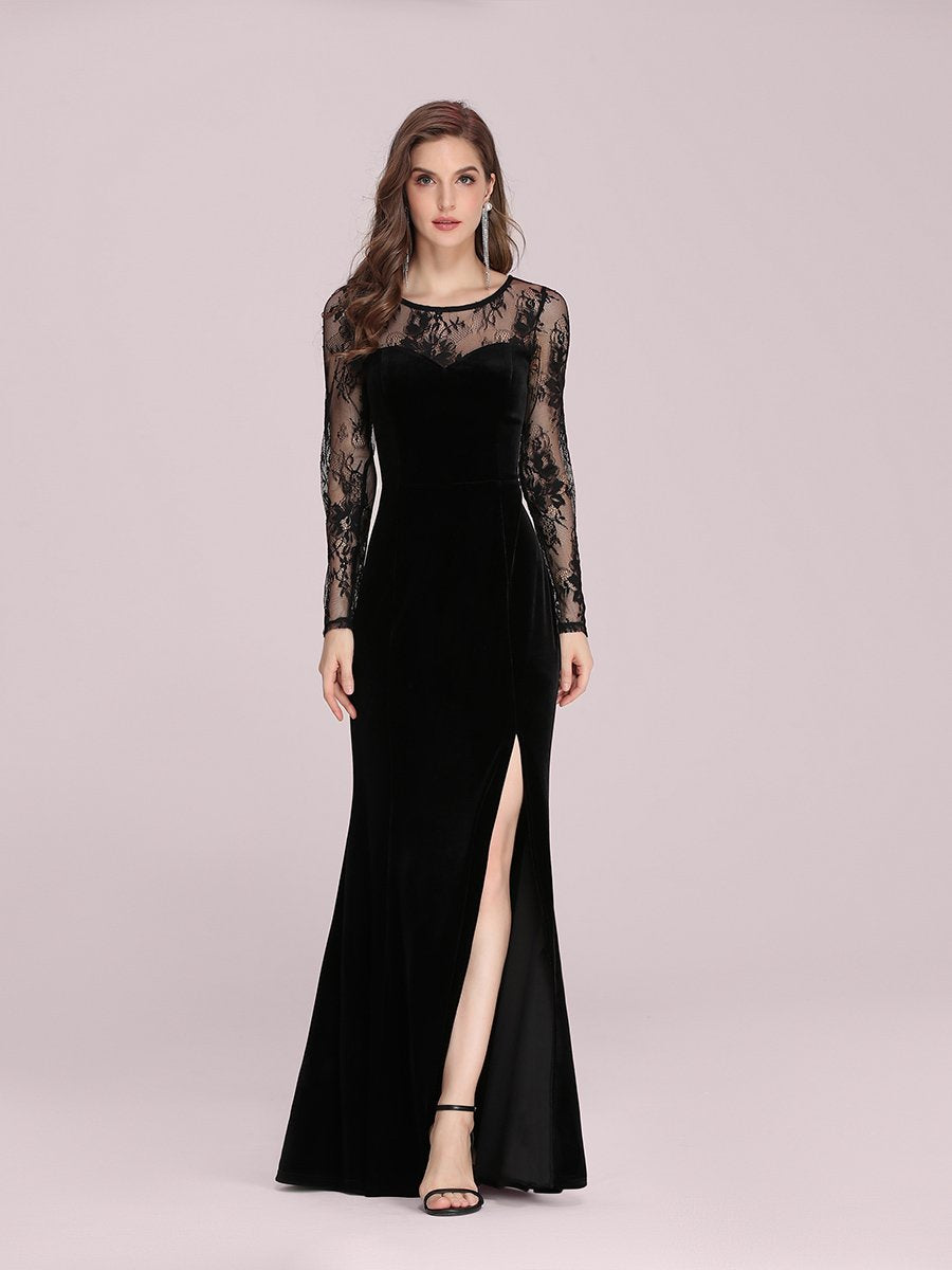 Sexy Lace Neckline Wholesale Velvet Evening Dress with Side Split