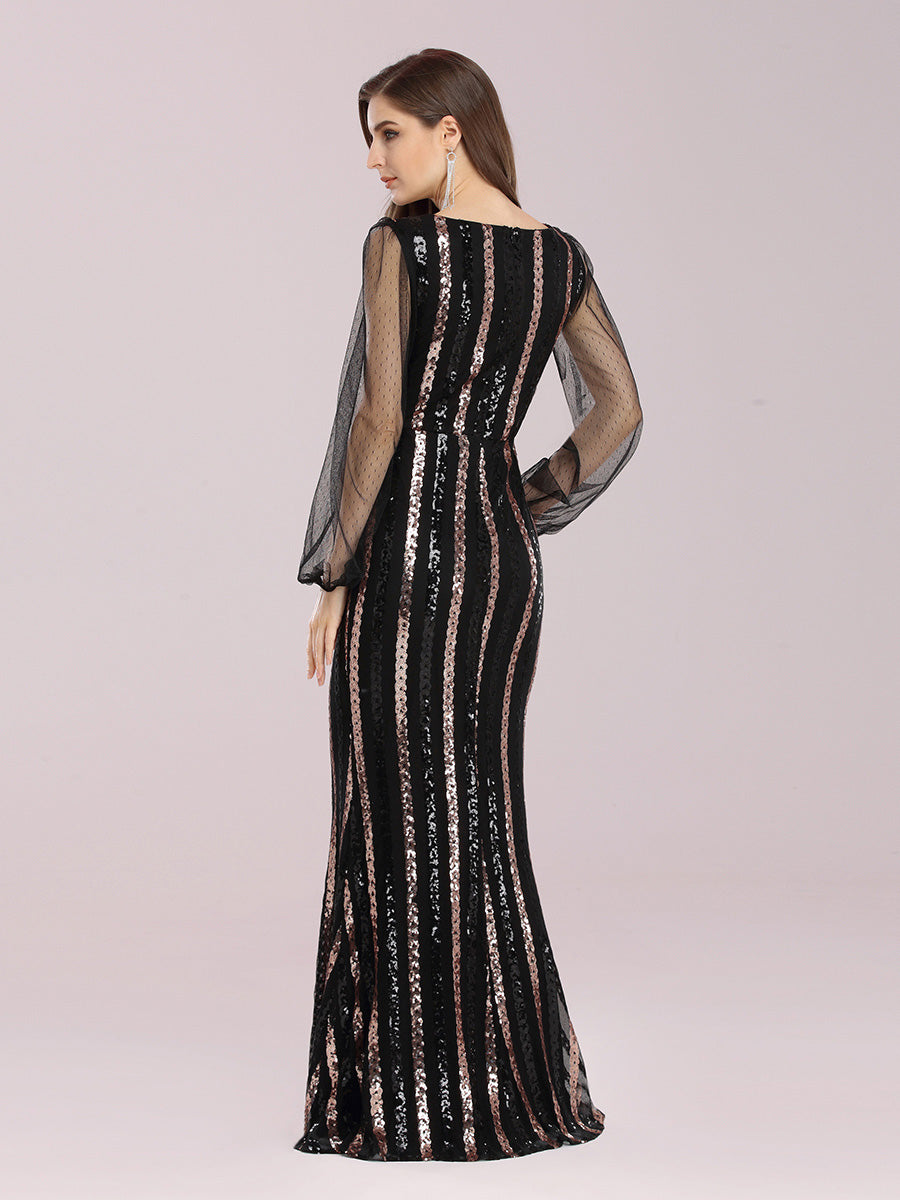 Hot Deep V Neck Wholesale Sequin Evening Dress With See-through Sleeves