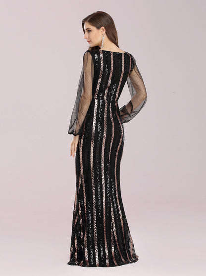 Hot Deep V Neck Wholesale Sequin Evening Dress With See-through Sleeves