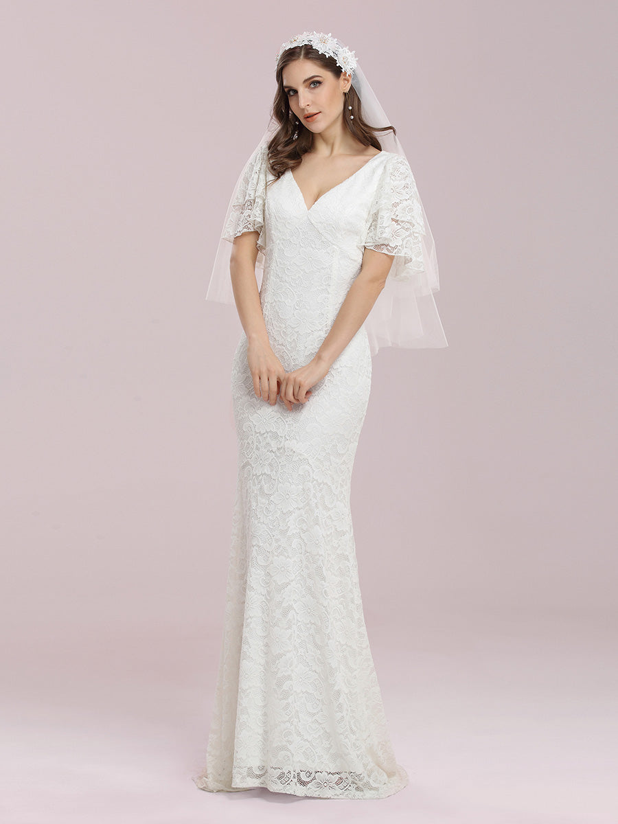 Romantic V Neck Wholesale Mermaid Wedding Dress with Flutter Sleeves