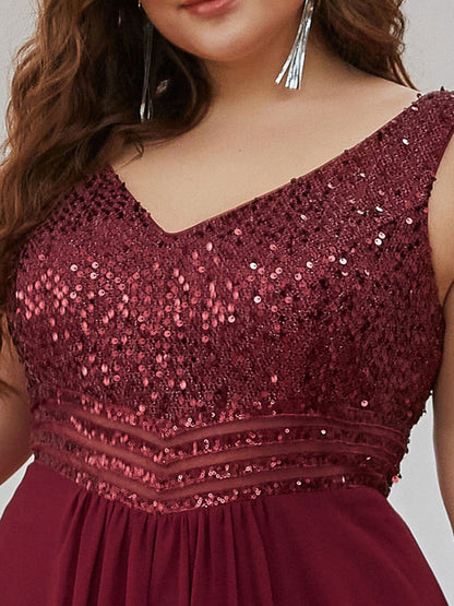 Elegant Paillette & Chiffon V-neck Sleeveless Plus Size Wholesale Evening Dresses