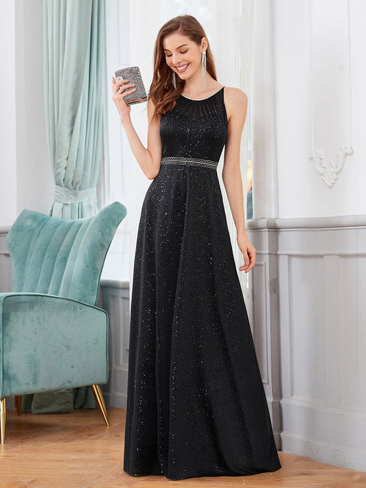 Shimmering Maxi Party Dress with Rhinestone Embellishments