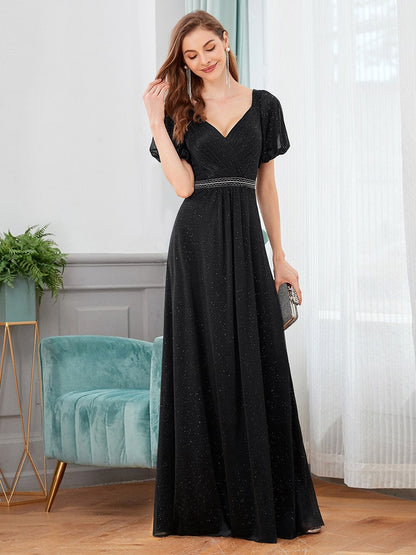 V Neck Wholesale Chiffon Evening Dresses With Puff Sleeves