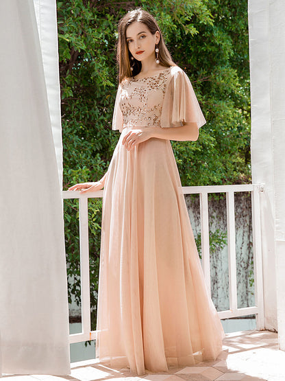 Elegant Tulle Ruffle Sleeves Bridesmaid Dresses Wholesale with Paillette