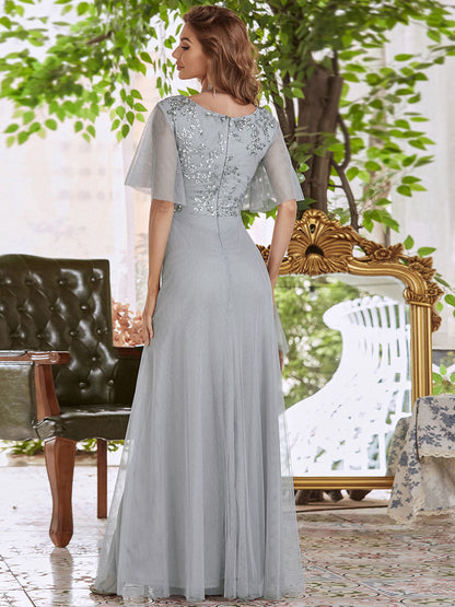 Elegant Tulle Ruffle Sleeves Bridesmaid Dresses Wholesale with Paillette