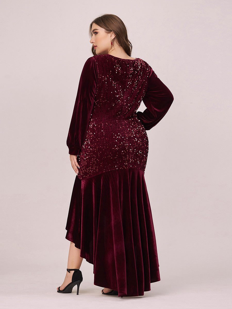 Elegant V Neck High-Low Plus Size Sequin & Velvet Party Dress