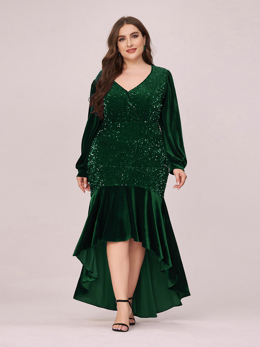 Gorgeous Wholesale Sequin & Velvet High-Low Plus Size Party Dress