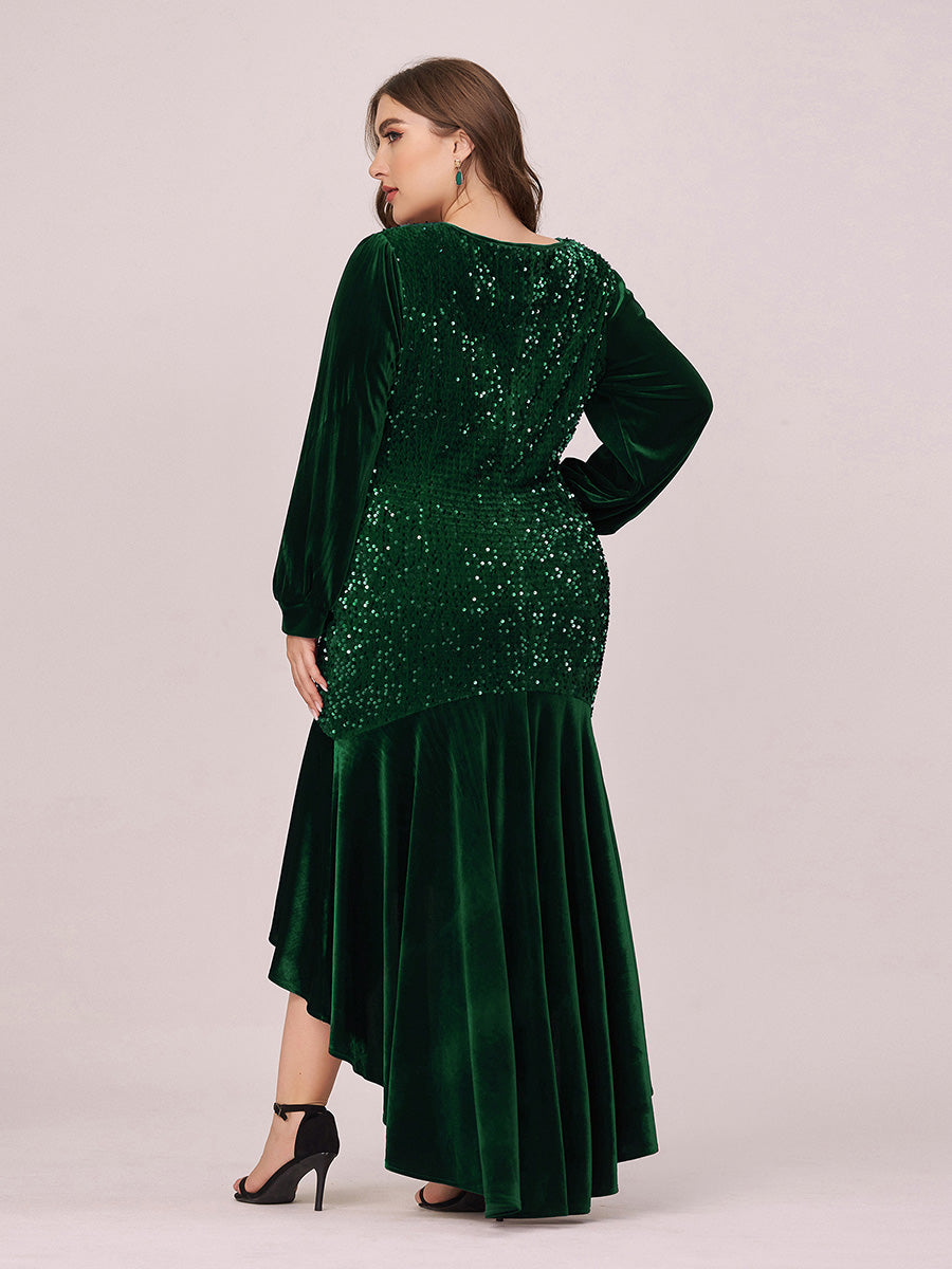 Elegant V Neck High-Low Plus Size Sequin & Velvet Party Dress