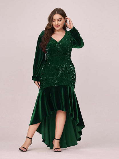 Elegant Sequin & Velvet Fishtail Plus Size Evening Gown