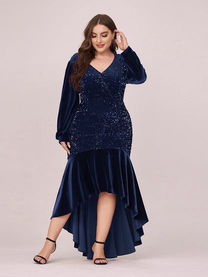 Gorgeous Wholesale Sequin & Velvet High-Low Plus Size Party Dress