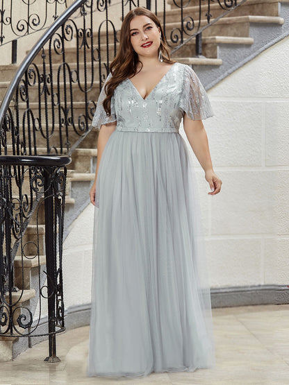 Elegant V Neck Short Sleeve A-Line Tulle Wholesale Evening Dresses