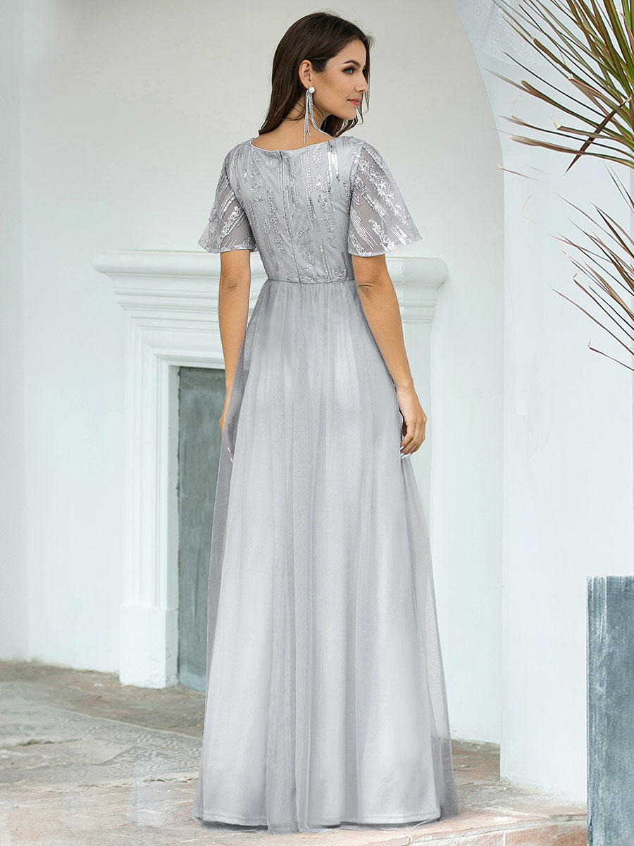 Elegant V Neck Short Sleeve A-Line Tulle Wholesale Evening Dresses