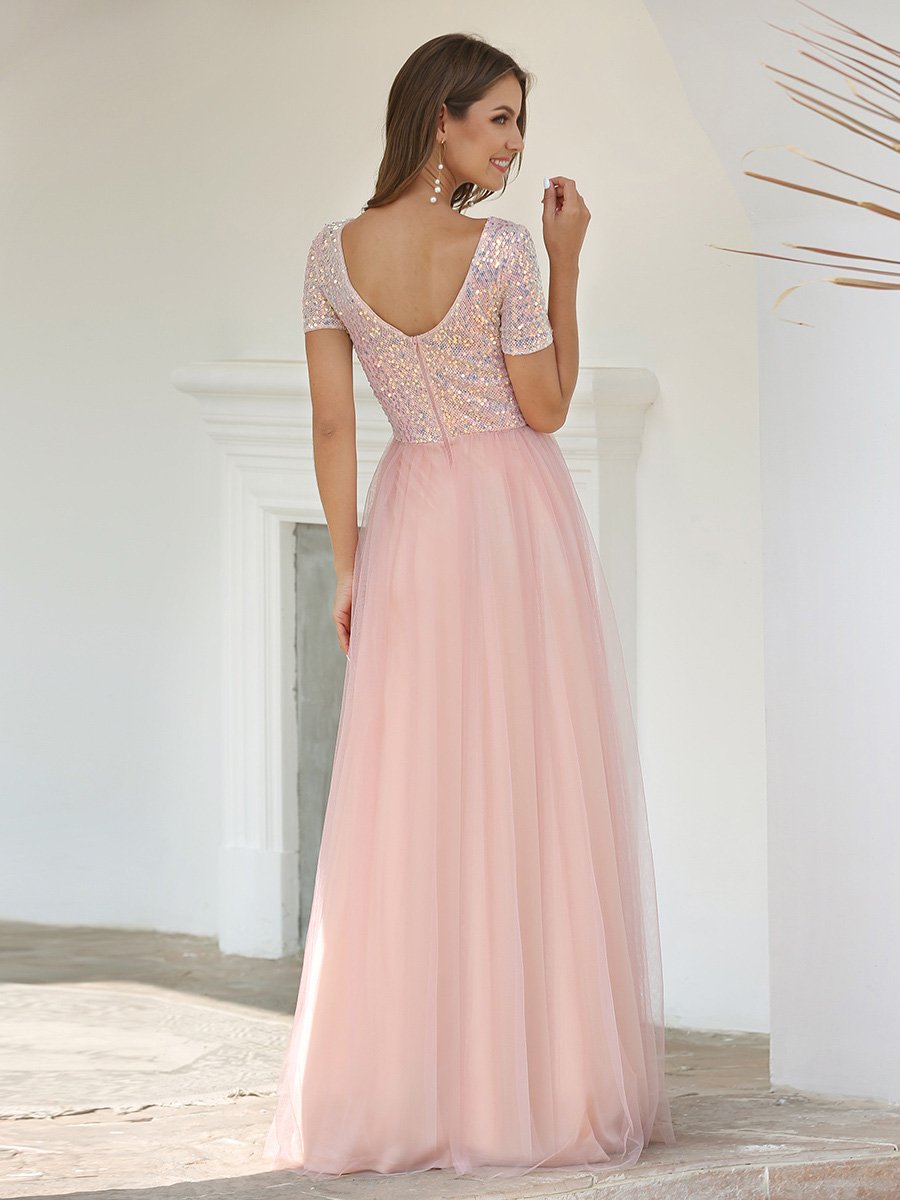 Sweet V Neck A-Line Tulle Wholesale Bridesmaid Dress with Sequin