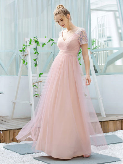 Sweet V Neck A-Line Tulle Wholesale Bridesmaid Dress with Sequin