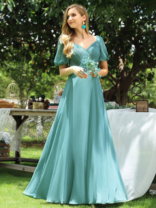 Gorgeous Short Lantern Sleeves V-neck Floor Length Chiffon Wholesale Bridesmaid Dress
