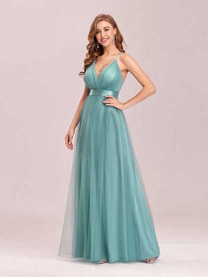 Sexy Floor Length Deep V-neck A-line Tulle Backless Evening Dresses Wholesale