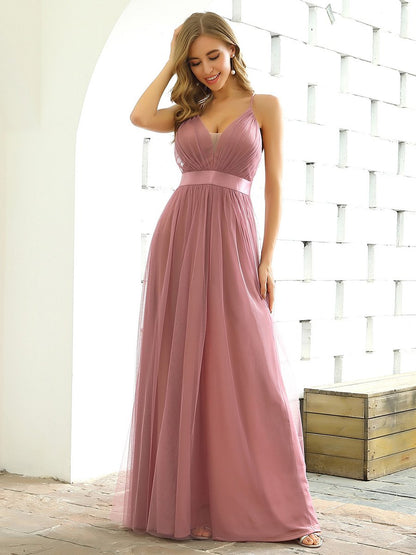 Sexy Floor Length Deep V-neck A-line Tulle Backless Evening Dresses Wholesale