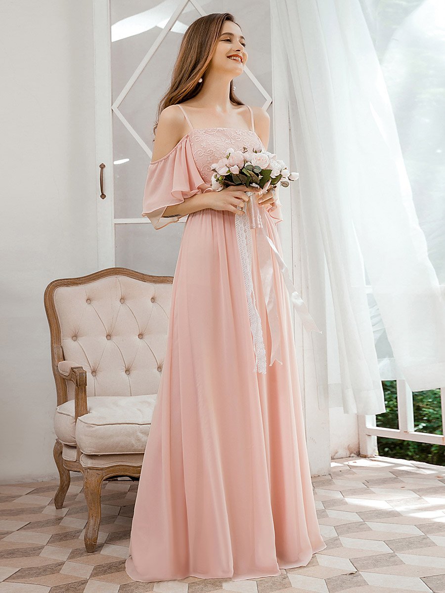 Sweet Off Shoulders Chiffon Bridesmaid Dresses Wholesale with Lace Decoration