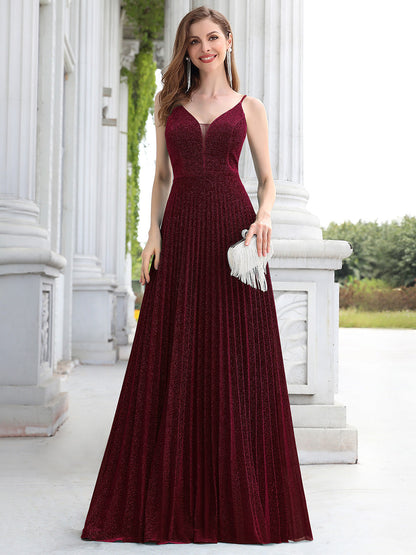 Sparkling V-neck Sleeveless Evening Gown with Elegant Pleats