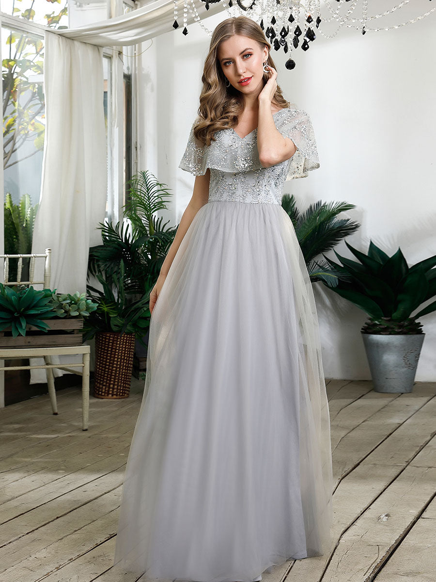 V-Neck Ruffles Sequin Dress Wholesale Floor Length Prom Dresses