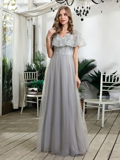 V-Neck Ruffles Sequin Dress Wholesale Floor Length Prom Dresses