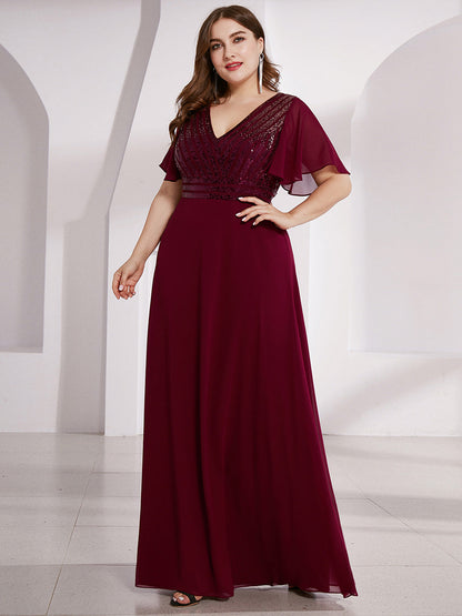 Maxi Long Chiffon and Sequin Wholesale Evening Gowns with Ruffle Sleeve