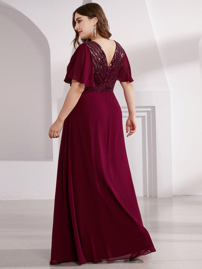 Maxi Long Chiffon and Sequin Wholesale Evening Gowns with Ruffle Sleeve