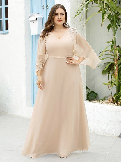 Elegant Plus Size V-Neck Bridesmaid Gown with Short Sleeves