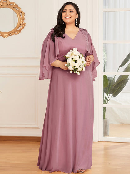 Elegant Plus Size V-Neck Bridesmaid Gown with Short Sleeves