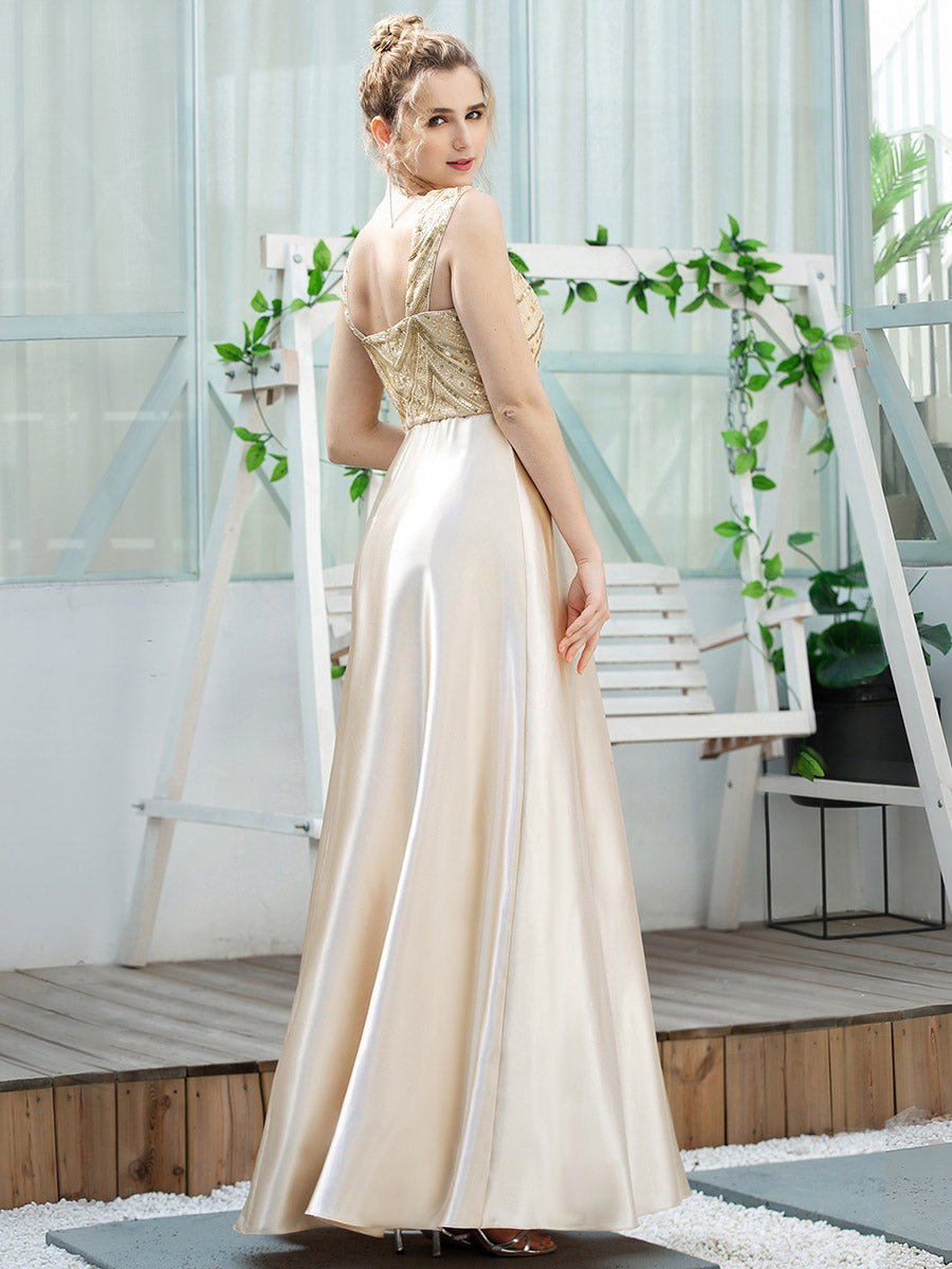 Romantic A-Line Floor Length Sequins Beaded Satin Prom Dress