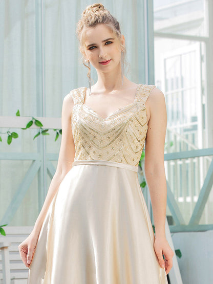 Romantic A-Line Floor Length Sequins Beaded Satin Prom Dress