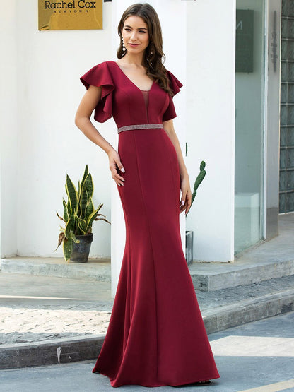 Elegant V-Neck Flutter Sleeves Mermaid Evening Gown with Sparkling Waist Detail