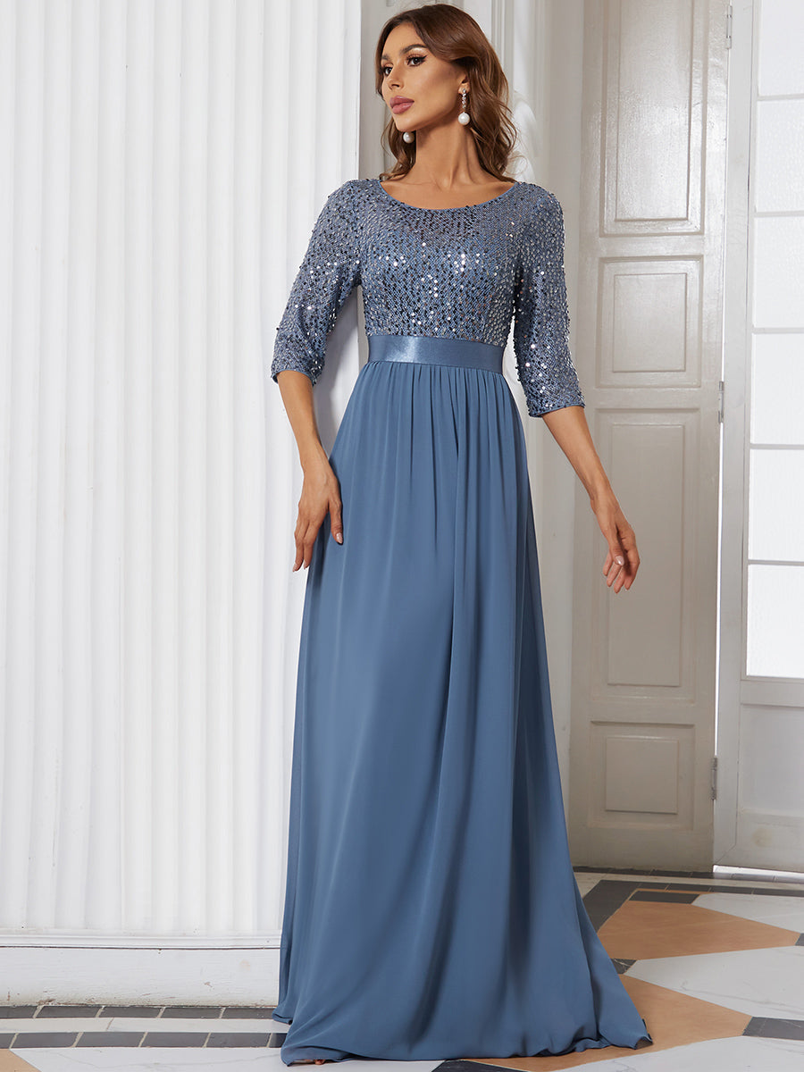 Shimmering A-Line Evening Gown with Round Neckline and Sequins Embellishments