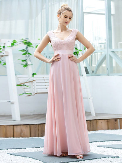 Women's Cute A-Line V Neck Embroidered Wholesale Chiffon Bridesmaid Dress