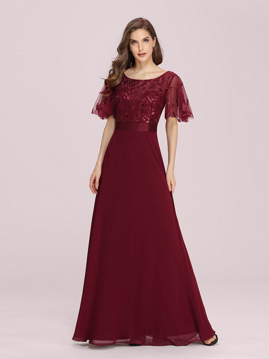 Elegant Ruffle-Sleeve Bridesmaid Gown with Round Neck